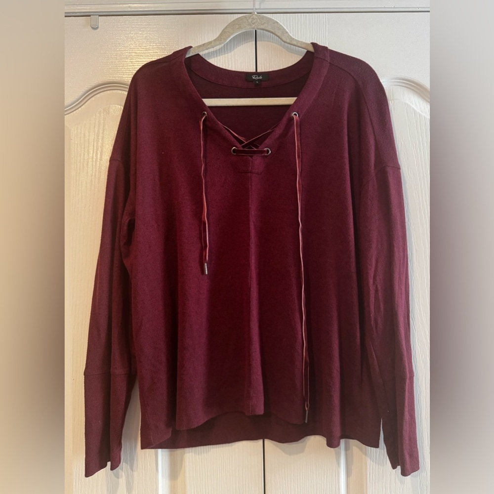 Rails Burgundy Long Sleeve Top with Velvet Lace Up Detail - Size L - Picture 2 of 5